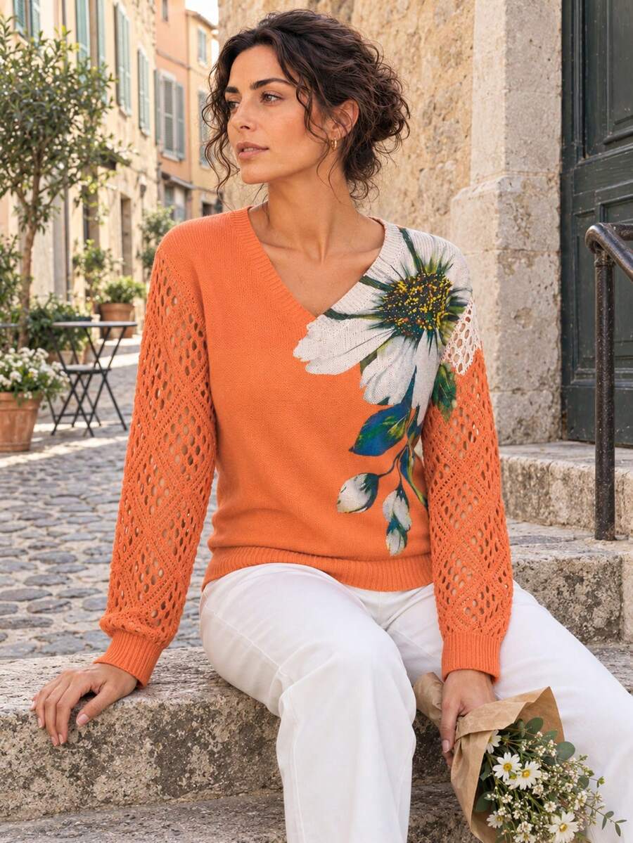 Elegant Floral Print V-Neck Long Sleeve Sweater, Versatile For Spring, Summer, Autumn, Winter, Bohemian Style, Travel Vacation Fall - Orange - View 1