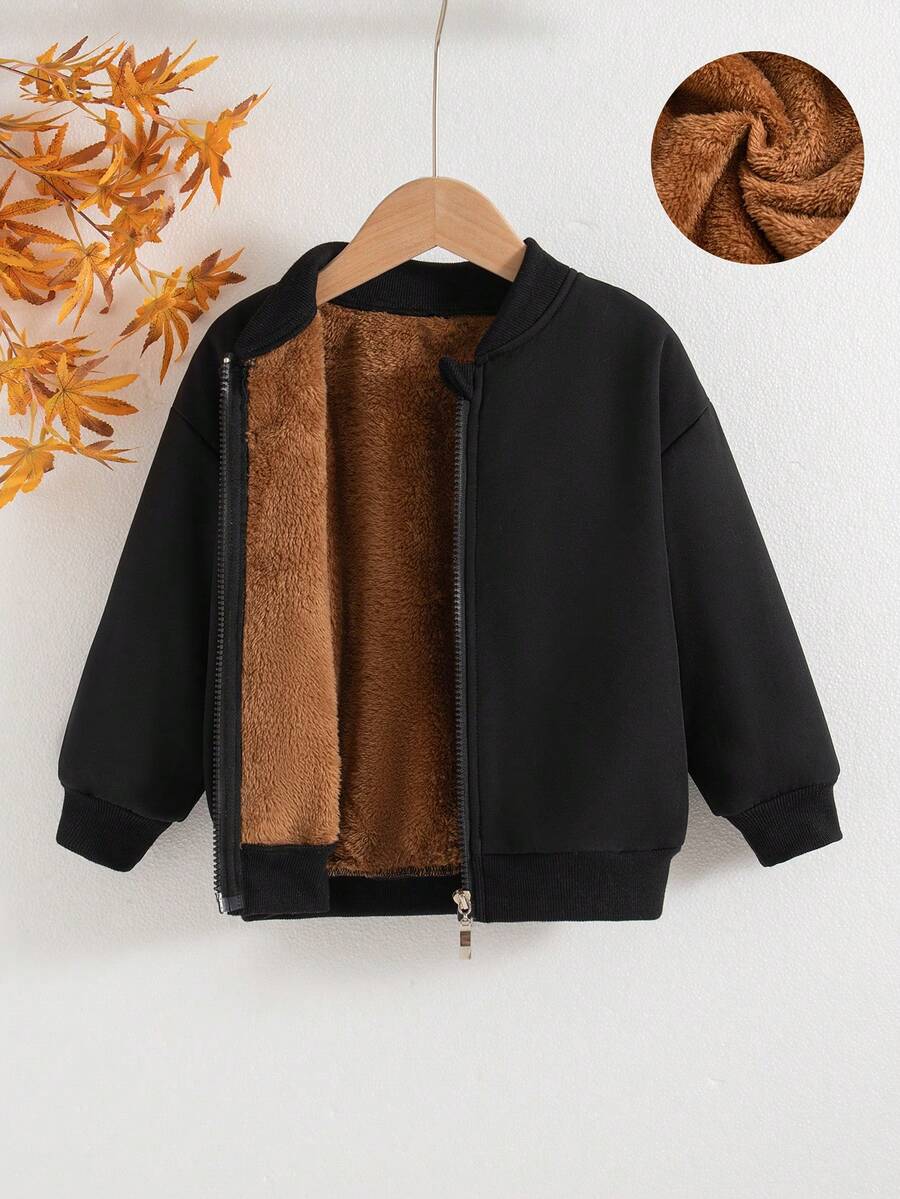Boys' Casual Solid Color Zip-Up Raglan Long Sleeve Fleece Jacket Outerwear, Autumn/Winter - Black - View 1