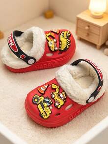 Children's Excavator Construction Vehicle Decor Thick Warm Home Slippers, Winter Slip-On Shoes For Kids - Red - View 4