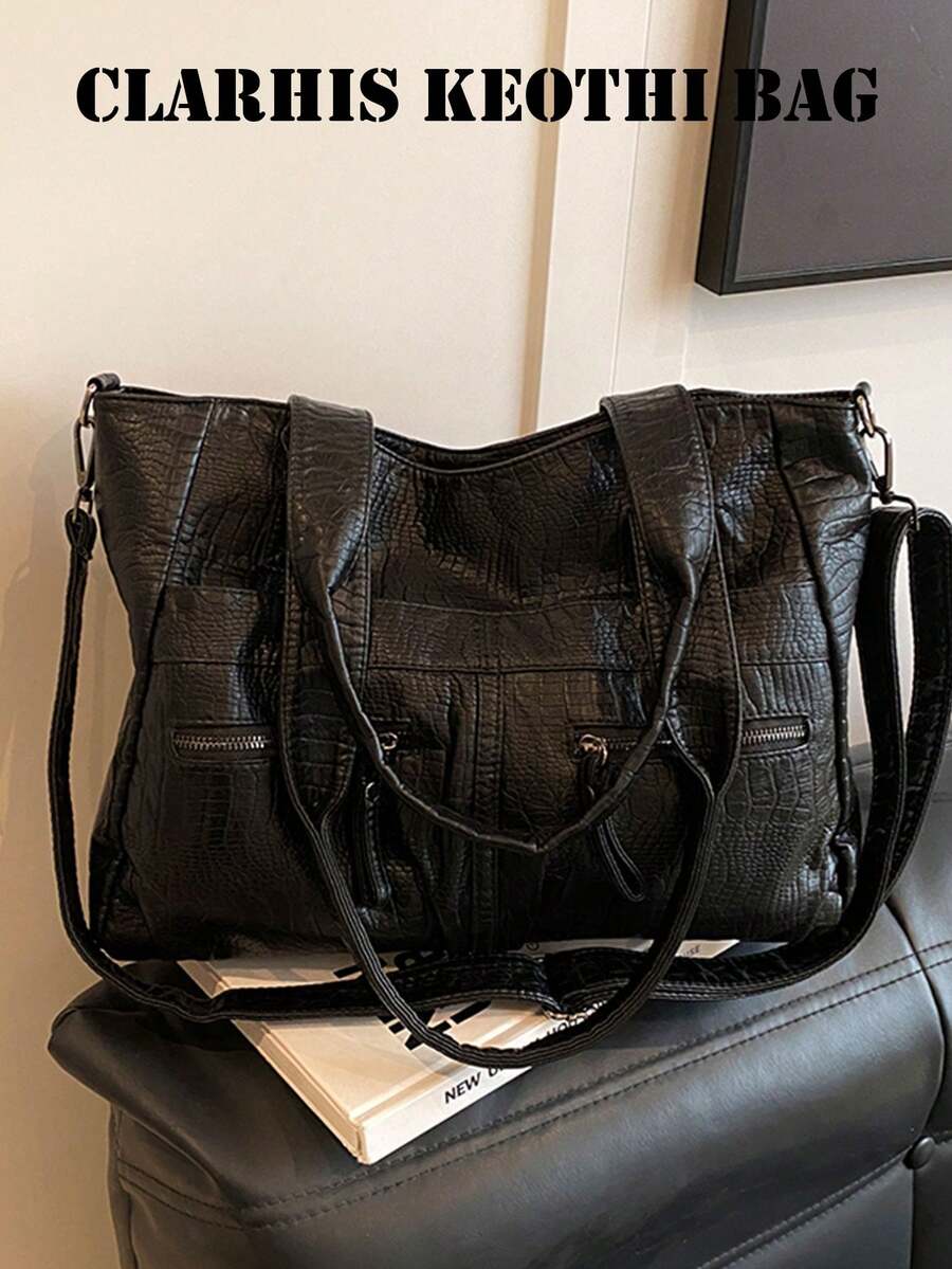 Tote Bag With Detachable Long Shoulder Strap For Shoulder, Crossbody And Hand Carry, Large Capacity With Multiple Compartments For Storage, Zipper Closure, Vintage Distressed Casual Style, Suitable For Commuting, Travel And Short Trips, Black Textured Tote Bag, Versatile Practical Multi-Pocket Women's Travel Bag - Black - View 1
