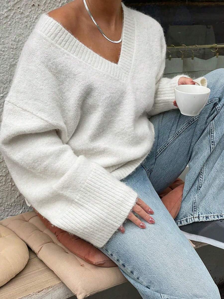 女款 V 領純色羅紋寬袖口長袖休閒套頭衫,寬鬆舒適日常秋冬毛衣 - 白色 - 查看 1