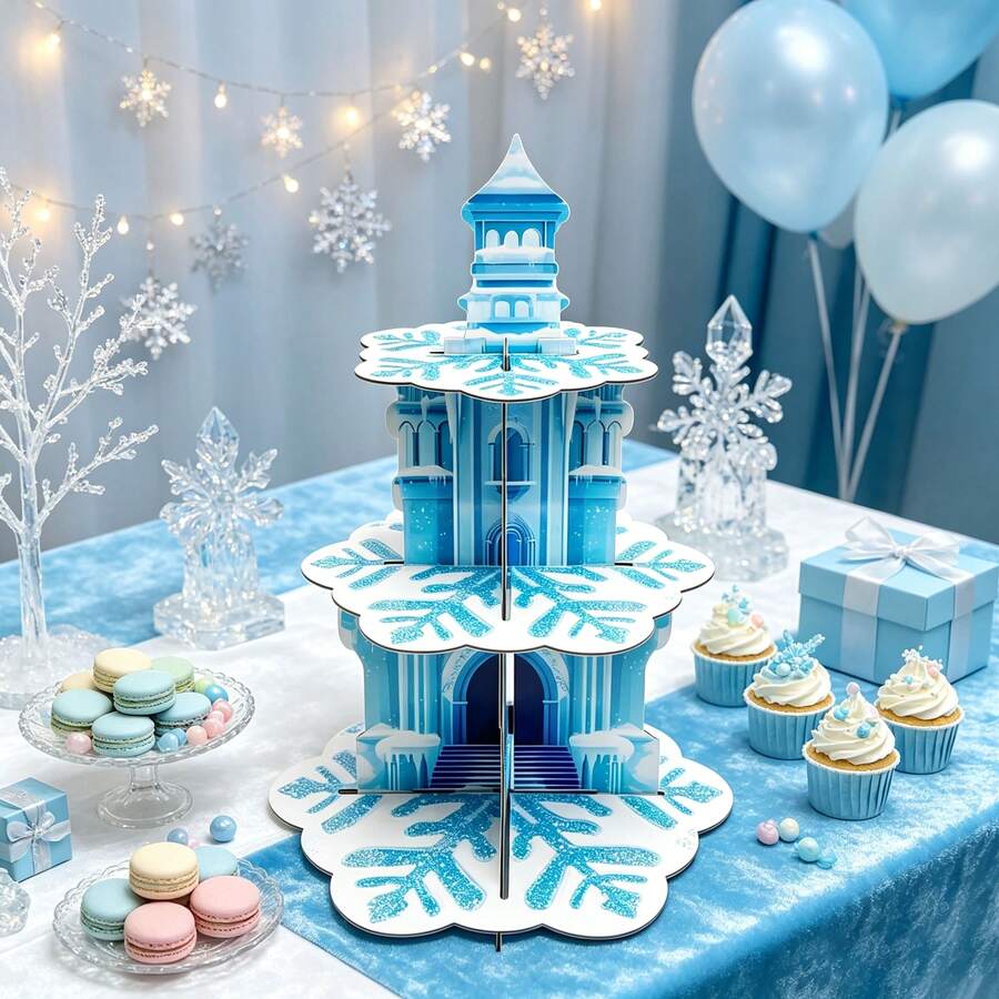 1/2pcs 3-Tier Blue & White Snowflake Castle Cupcake Stand, Winter Wedding Dessert Display, Birthday, Christmas, Baby Shower, Princess Party Table Decor - Snowflake Cake Stand - View 1