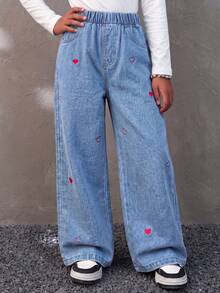 Girls' Cute Red Heart Embroidered Straight Leg Denim Jeans, Casual Everyday Fashion - Medium Wash - View 3