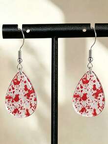 1 Pair White Base Red Splatter Teardrop Shape 2D Flat Acrylic Pendant Earrings, Women's Halloween Party Decoration, No Packaging Box - Earrings - View 4