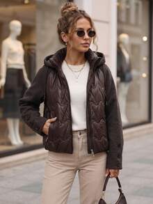 Women's Quilted Jacket With Detachable Hood, Zip Pockets, Relaxed Fit, Hip Length - Brown - View 1