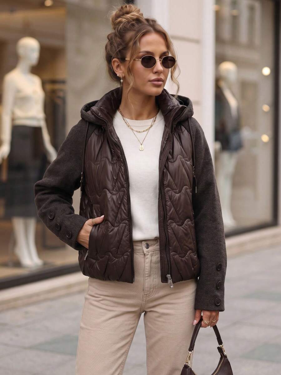 Women's Quilted Jacket With Detachable Hood, Zip Pockets, Relaxed Fit, Hip Length - Brown - View 1