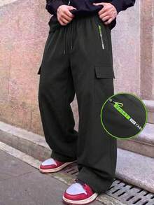 1pc Men's Straight Leg Cargo Pants, Zipper Side Pockets, Versatile Commuter Straight Leg Casual Pants, Sporty Style - Black - View 2