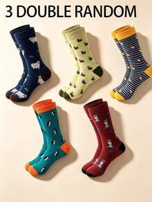 3/5 Pairs Multi-Color Cute Animal Pattern Mid-Calf Socks, Set, Vintage Artistic Style Slouch Socks, Unisex Versatile Socks, Holiday Gift Idea, Autumn Socks - Multicolor - View 8