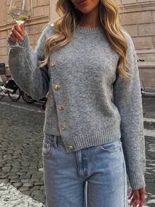 Elegant Women's Grey Long Sleeve Sweater, Rib-Knit With Stylish Asymmetrical Design And Gold Button Embellishments For Fall Winter - Grey - View 10