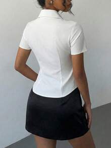 Women's White Woven Short Sleeve Shirt, Lapel Collar Button Front, Fashion Basic Slim Fit Blouse Summer - White - View 3