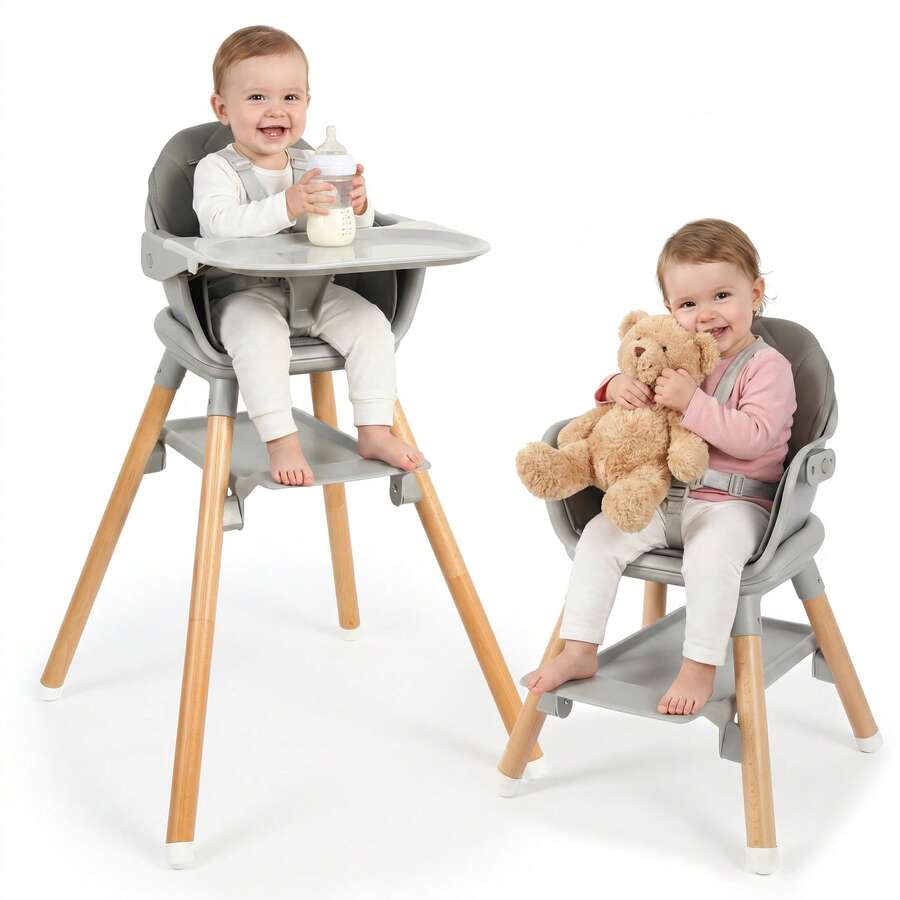Piorlado 6-In-1 High Chair Bar Stool, Multifunctional Children's High Chair, Wooden Legs With 5-Point Harness, Removable Tray For Children - Grey - View 1