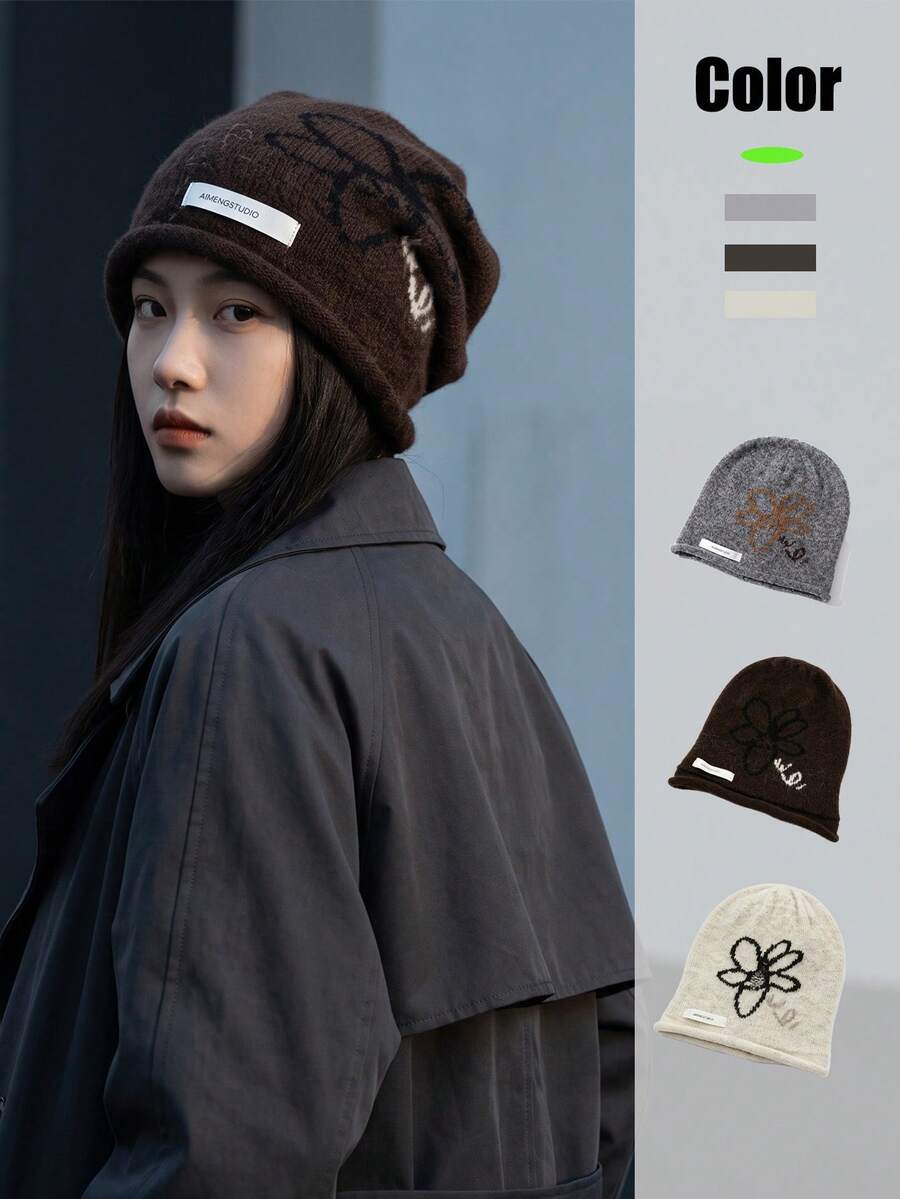 1pc Women's Maillard Style Jacquard Label Slouchy Beanie, Autumn/Winter Retro Relaxed Knit Hat, Loose Warm Hat For Women - Multicolor - View 1
