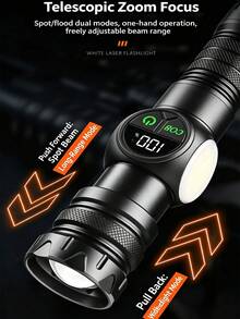 ZKBBO 1pc Rechargeable LED Flashlight, Laser Beam Technology, High Power Tactical Flashlight, Digital Battery Display, COB Side Light, Magnetic Base, Portable Camping Hiking Emergency Flashlight - Black - View 5