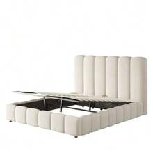 Upholstered Bed, Double Bed, 140*190cm, Hydraulic Storage Bed, Bed With Slatted Frame, Headboard And Large Storage Space, Upholstered Headboard, Beige, Velvet - Beige + Velvet + 140cm*190cm - View 4