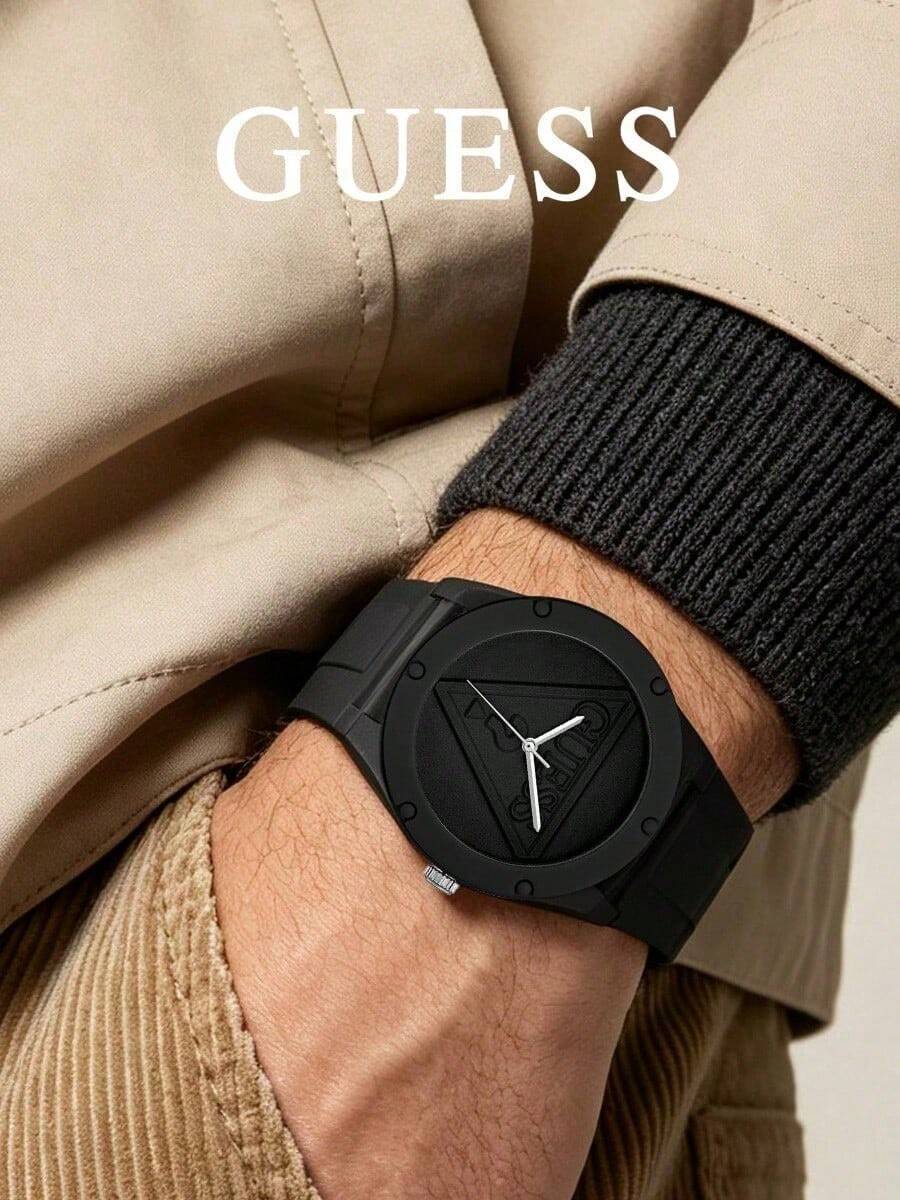 ساعة GUESS الرجالية باللون الأسود المطفي: شعار مثلث محفور، تصميم صناعي بسيط. سوار من السيليكون/الجلد/المعدن، ساعة رياضية بأسلوب الهيب هوب. - الأسود - مشاهدة 1