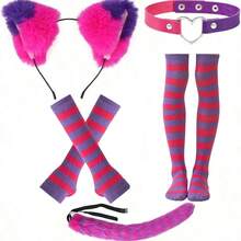 Pink & Purple Striped Cat Costume, Includes Cat Ears + Fluffy Tail + Striped Sleeve Socks And Skirt, Suitable For Halloween Dress Up And Role Play - Multicolor - View 6
