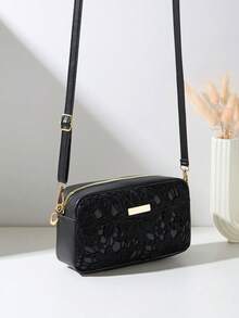 Mini Hollow Floral Woven Beach Bag, Camera Bag Coin Purse, Shoulder Bag, Women's New Multifunctional Compact Unique Square Shoulder Bag - Black - View 4