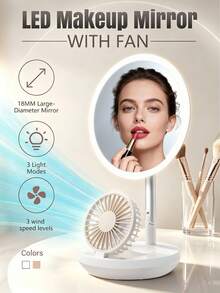 ALUSHEE 18cm HD Makeup Mirror With Built-In Fan, 3-Color Light Stepless Dimming, 3-Speed Adjustable Fan, Rechargeable Desktop Vanity Mirror, Suitable For Summer Makeup Use - Multicolor - View 2