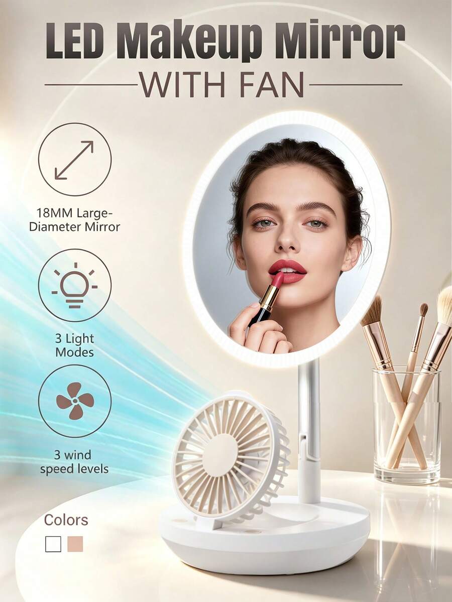 ALUSHEE 18cm HD Makeup Mirror With Built-In Fan, 3-Color Light Stepless Dimming, 3-Speed Adjustable Fan, Rechargeable Desktop Vanity Mirror, Suitable For Summer Makeup Use