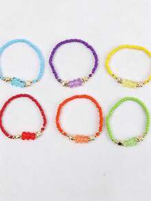 6pcs/Set Cute Cartoon Random Color Beads & Acrylic Bear Charm Bracelets, Suitable For Girls Daily Wear And Parties - Multicolor - View 2