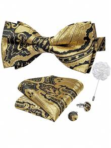 4Pcs Men Gold Paisley Jacquard Bow Tie Pocket Square Cufflinks Boutonniere Set For Wedding Business Party - Gold - View 1