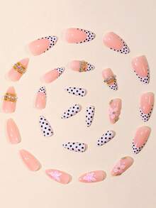 Fall/Winter Collection24 Pieces Of Almond-Shaped Press-On Artificial Nails, Featuring White Polka Dots, French-Style Edges, 3D Three-Dimensional Flower Design With Gold-Plated And Diamond-Set Details, Containing 1 Piece Of Jelly Glue + 1 Scraper Bar - Multicolor - View 3