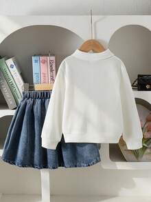 2pcs Girls Minimalist Preppy Style Bow Embroidery Polo Collar Long Sleeve Top & Matching Embroidered Pleated Skirt Set, Spring/Autumn - White - View 4