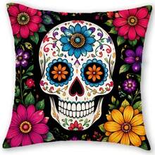 Almohada JHUA Día de Muertos(relleno), Impresión Doble Cara Calavera Floral, Cierre para Sofá Decoraciónéxico Carnaval Halloween, 45cm Cuadradas - Multicolor 003 - Ver 2