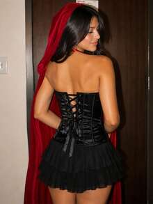 Apperloth A Gothic Black Satin Corset Top, Curved Hem Cropped Bustier, Front Hook & Back Lace-Up, Boned Shaping, Women's Outing, EDM Party, Halloween Costume - Black - View 2