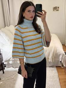 Women's Casual Autumn/Winter Solid Grey High Neck Batwing Sleeve Knit Top, Waist-Cinching Textured Design, Daily Commute Office Pullover - Multicolor - View 6