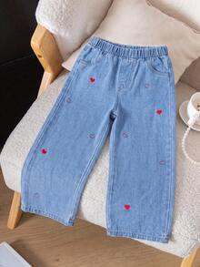 Girls' Cute Red Heart Embroidered Straight Leg Denim Jeans, Casual Everyday Fashion - Medium Wash - View 1