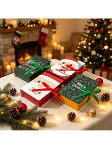 12/24pcs Christmas Paper Gift Boxes, With Red Ribbons And Bags, 4 Cartoon Christmas Patterns, Party Decoration Gift Packaging Small Box, Santa Claus, Snowman, Gingerbread For Man Candy Boxes For Holiday Souvenirs Packaging - Gift Box - View 6