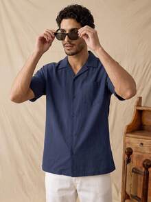 glestore Men's Retro "Old Money" Style Solid-Color Short-Sleeve Summer Shirt For Everyday Commuting And Casual Wear - Navy Blue - View 3