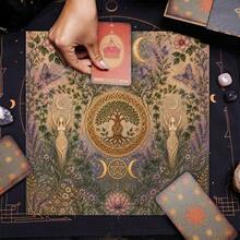 1pc Triple Moon Tree Of Life Tarot Cloth, Wiccan Goddess Pentagram Botanical Altar Cloth, Vintage Floral Witchy Divination Tablecloth Spiritual Home Tapestry - Black - View 3