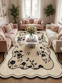 1pc Beige Base Black Line Scattered Floral Vine Pattern Vintage French Country Style Area Rug, Exquisite Elegant Design Faux Cashmere Asymmetrical Wavy Edge Rectangular Multi-Layer Black Outline & Scattered Black Flower Details Machine Washable Suitable For Living Room Bedroom Balcony All Season Home Decor - Multicolor - View 1