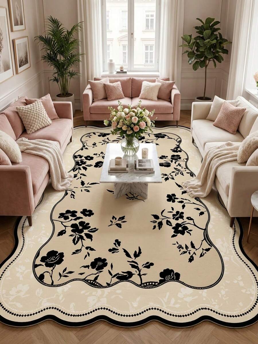 1pc Beige Base Black Line Scattered Floral Vine Pattern Vintage French Country Style Area Rug, Exquisite Elegant Design Faux Cashmere Asymmetrical Wavy Edge Rectangular Multi-Layer Black Outline & Scattered Black Flower Details Machine Washable Suitable For Living Room Bedroom Balcony All Season Home Decor - Multicolor - View 1