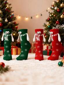 1/2 Pairs Magnetic Handheld Women's Christmas Socks, 3D Cartoon Eye Mid-Calf Socks, Random Style, Casual Cute Couple Socks, Adorable & Fun Gift, Suitable For Christmas And Daily Wear. - Multicolor - View 4