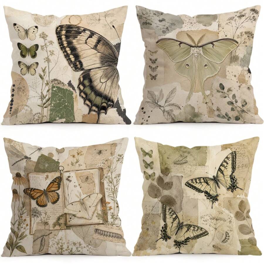 4pcs/1pc Vintage Insect Collage Design Pillow Case, Single-Sided Print Pillow Case, Suitable For Living Room Bedroom Home Decor, All Season Pillow Case - Multicolor - View 1