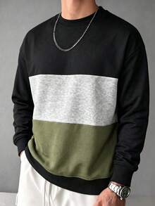 Men's Spring/Autumn Colorblock Pullover Sweatshirt, Regular Crew Neck Fit, Suitable For Daily Wear - Black - View 4