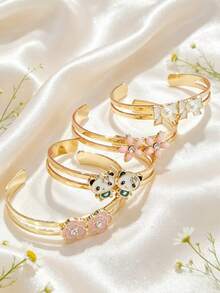 1 Set 4pcs Colorful Children's Bracelet Set, Bowknot, Small Flower, Panda Design, Exquisite And Eye-Catching, Adjustable Size, Suitable For Daily Wear And Festive Jewelry - Gold - View 3