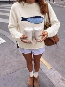 Suéter Feminino Casual Fofo Y2K com Estampa de Peixe, Manga Longa Solta, Tricô, Top de Férias e Volta às Aulas, Branco, Outono - Branco - Visão 4