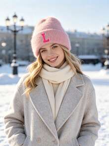 1pc Pink Floral Letter Print Beanie, Ribbed Knit Winter Hat,Cold Weather Headwear, Y2K Cute Warm Skull Cap For Women - Pink - View 2