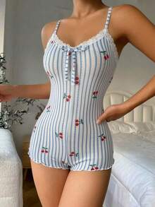 Women's Fashion Fresh Striped Cherry Pattern Lace Patchwork Camisole Jumpsuit Pajamas - Baby Blue - View 4
