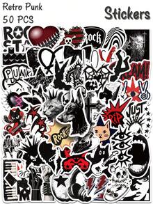50pcs Retro Punk Stickers – Rock Grunge Gothic Skull Cross Vinyl Decals – Alternative Emo Star Lightning Stickers For Laptop Phone Case Guitar Skateboard Journal - Black - View 3
