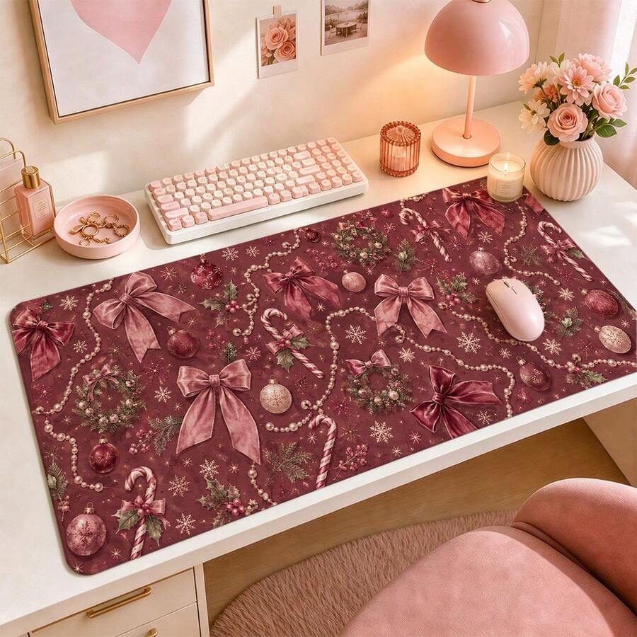 Pink Bow Wreath Large Mouse Pad, Coquette Christmas Desk Mat, Extended Keyboard Pad Polyester Surface With Rubber Base For Gaming, Office, Dorm Decor And Holiday Gifts For Women 3 Sizes Available - View 1