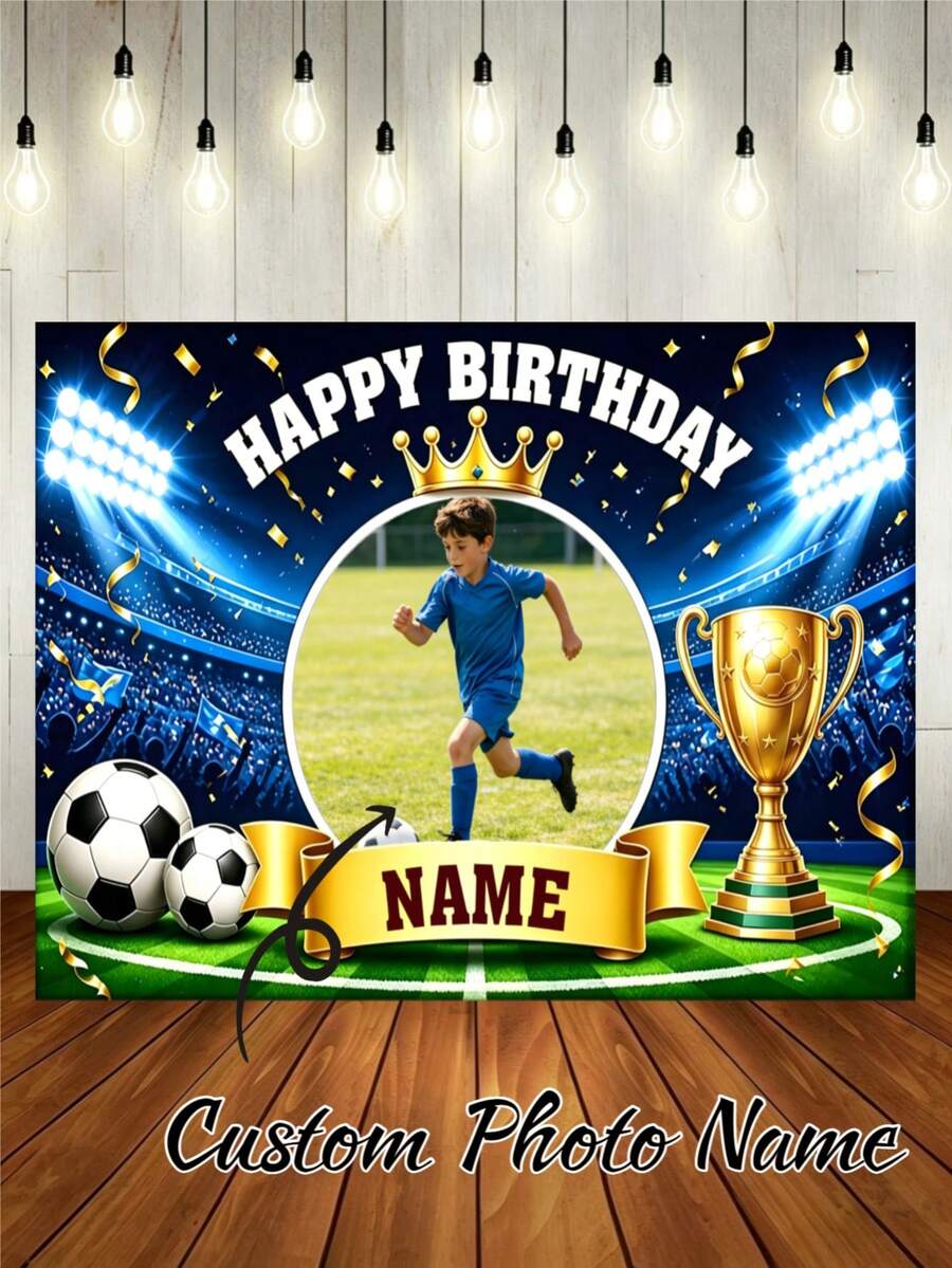 Customizable Photo & Name Football Theme Happy Birthday Backdrop Banner, Gold Trophy, Ribbon, Victory Celebration, Fan Personalized Design, Suitable For Football Birthday Party Cake Table Decoration, Portrait Photography Banner, Vinyl Material