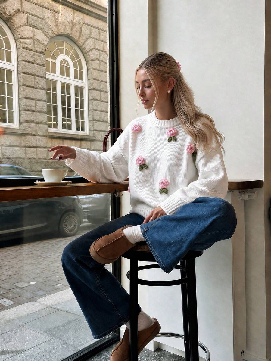 NOVELLE Women's Elegant White Knit Sweater With Pink Roses, Crew-Neck Sweet Top For Autumn & Winter, For Shopping, Dates, Commute & Parties - White - View 1