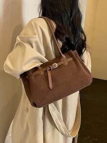 Fashion Solid Color Shoulder Tote Bag, Strap Design, Suitable For Women Shopping, Commuting And Daily Use - Coffee - View 4