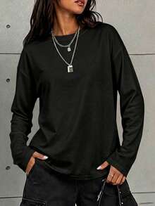 Women's Solid Color Crew Neck Long Sleeve T-Shirt, Casual Autumn Regular Fit Top - Black - View 3
