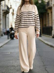 Women's Striped Round Neck Long Sleeve Knit Sweater And Wide Leg Pants Set, Casual 2 Pieces Loungewear For Autumn, Winter And Spring - Apricot Stripes - View 10